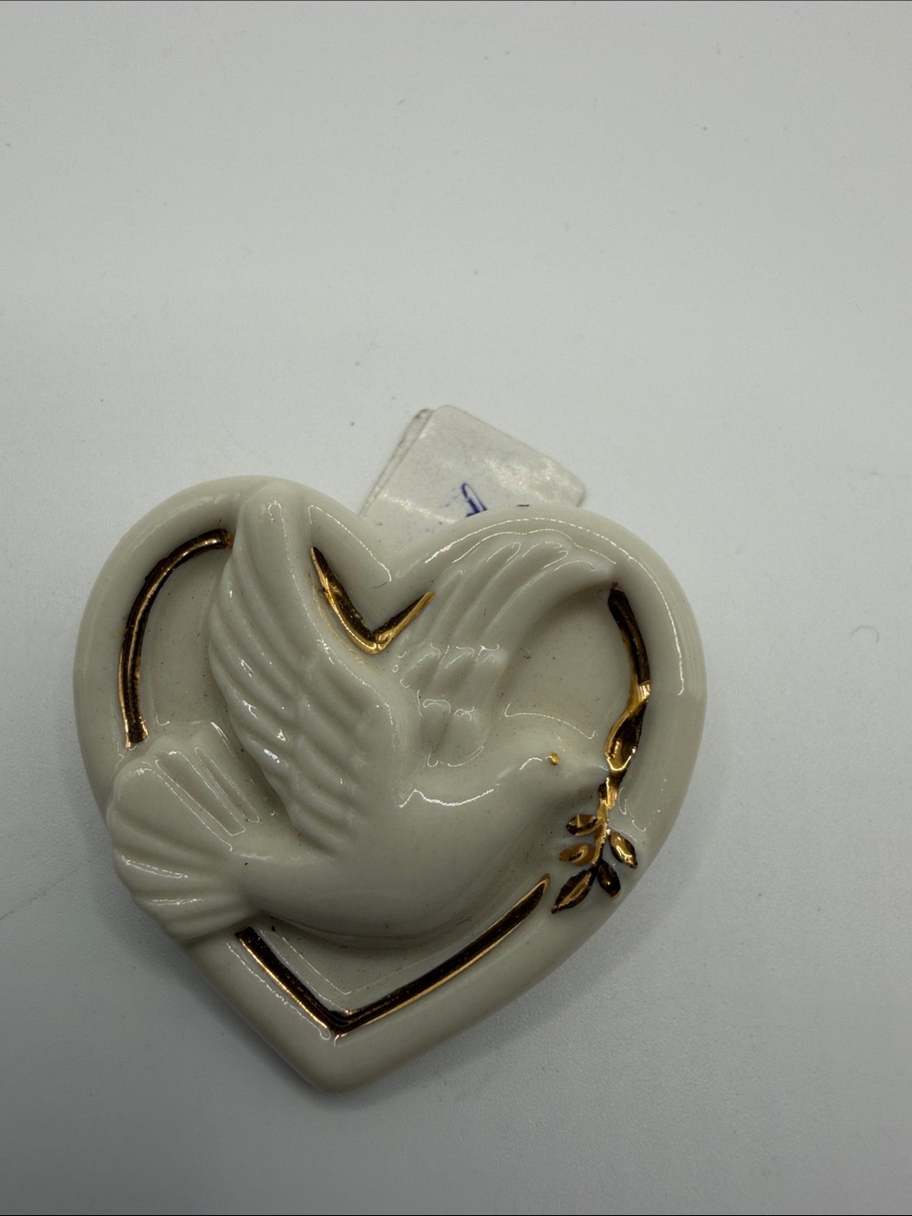 Vintage Lenox Porcelain Dove Heart Brooch Gold Accent Peace Pin